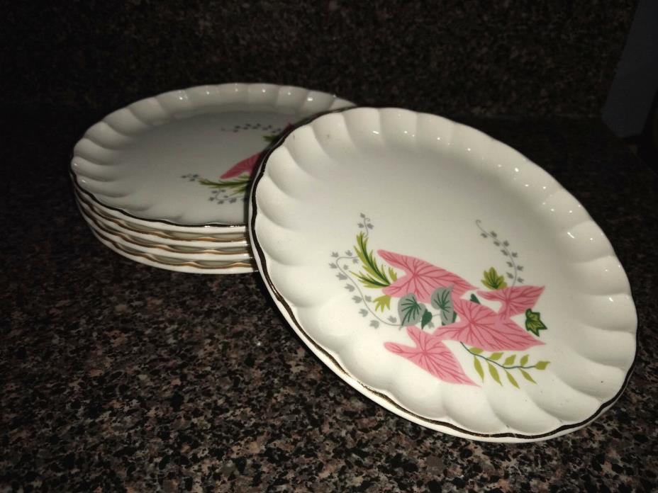 Vtg W.S. George Potteries Set of 5 Salad/Bread Plates w/Gold & Pink Caladium