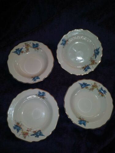 lot 4 Berry Dessert Bowls RARE W S George derwood Beautiful Blue Bird Gold Trim