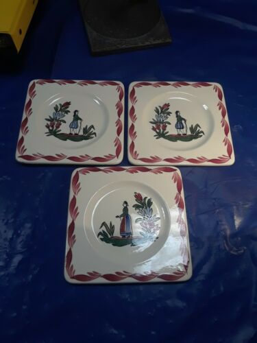 (3) Gien France Woman Lady Plate Coaster Quimper Style Decor 5 1/2