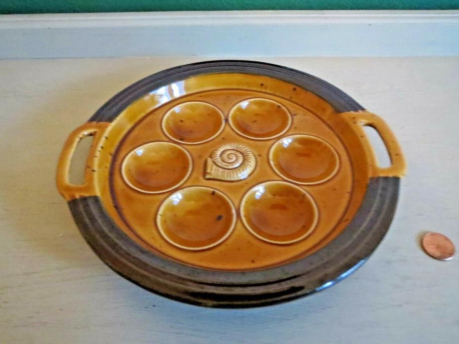 Mid Century French Escargot Dish Plate 6 Well Handled Snail Glazed Stoneware