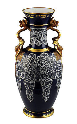 Large Superb Ginori Porcelain Vase w/ Applied Lace Pattern on Cobalt Glaze