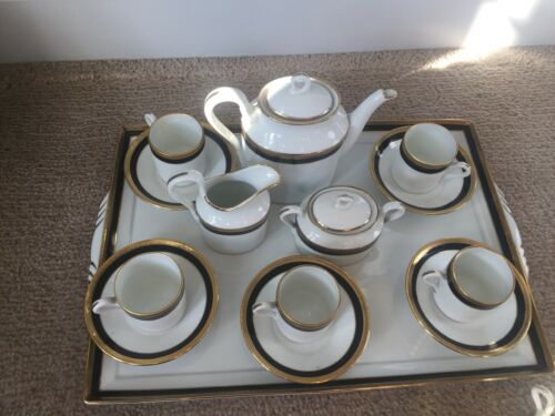 Ginori Porcelain Tea/Espresso Set Tray Pots Cups Creamer Sugar Black/Gold