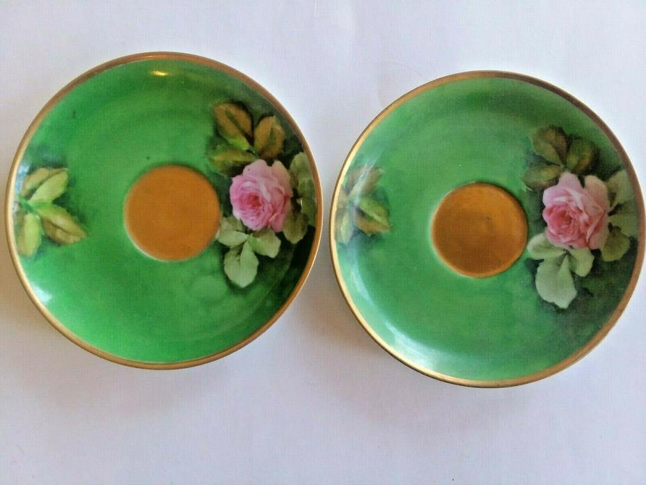 ANTIQUE GINORI ITALY HAND PAINTED FLOWER SAUCERS 2 GOLD TRIM