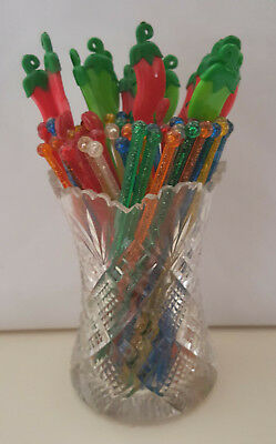 68 Swizzle Sticks w Cut Glass Vase (Lobsters, Chili Peppers, Colored Rods)