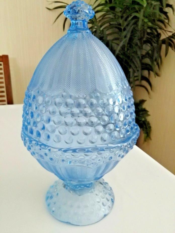 Gorham Blue Crystal Glass Egg Covered Candy Dish, Germany, Hobnail/Herring Bone