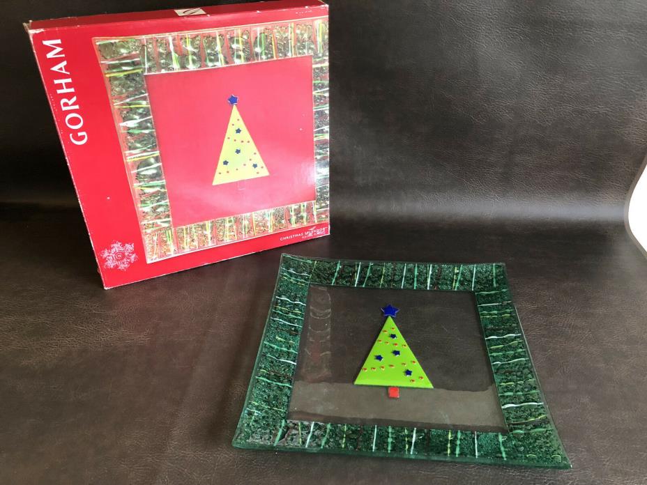 RARE Gorham Glass Christmas Tree Serving Platter Glass Decorated Box & Label