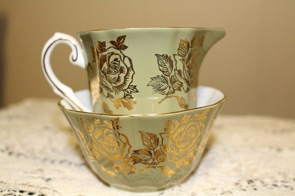 Royal Grafton Fine Bone China CREAM & SUGAR SET - Olive green gold floral