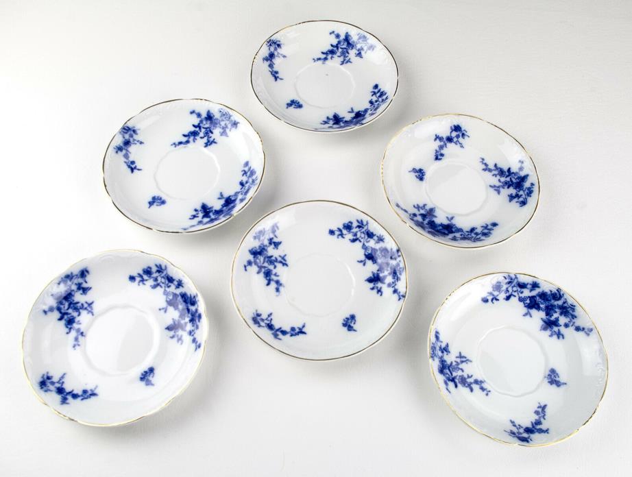 Grindley Flow Blue Rose Saucers 6 pc Set, Antique c.1893 England Gold Trim Plate