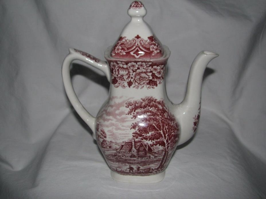 red transferware COFFEE pot GRINDLEY HOMELAND England
