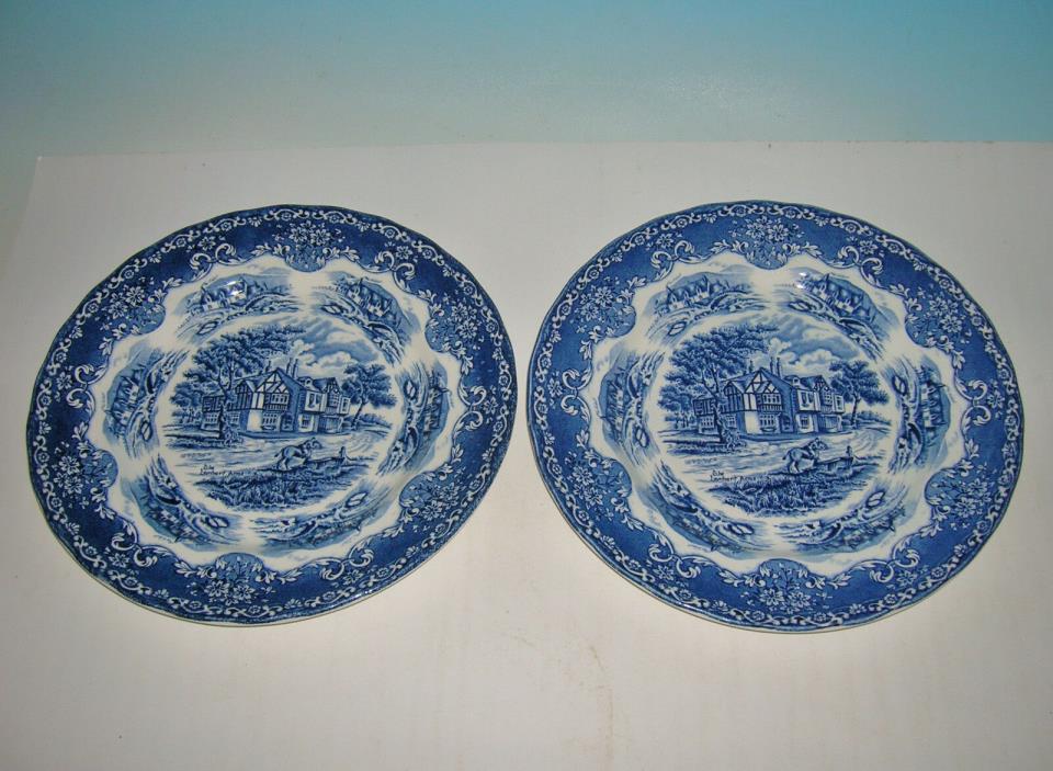 Two W.H. Grindley ENGLISH COUNTRY INNS Blue  & White Dinner Plates 10 inch