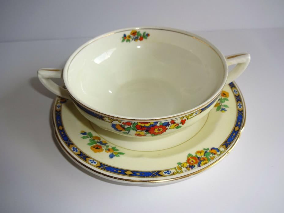 Vintage Bowl & Saucer Grindley Ivory Soup Bouillon Cup Flowers Floral Blue Trim