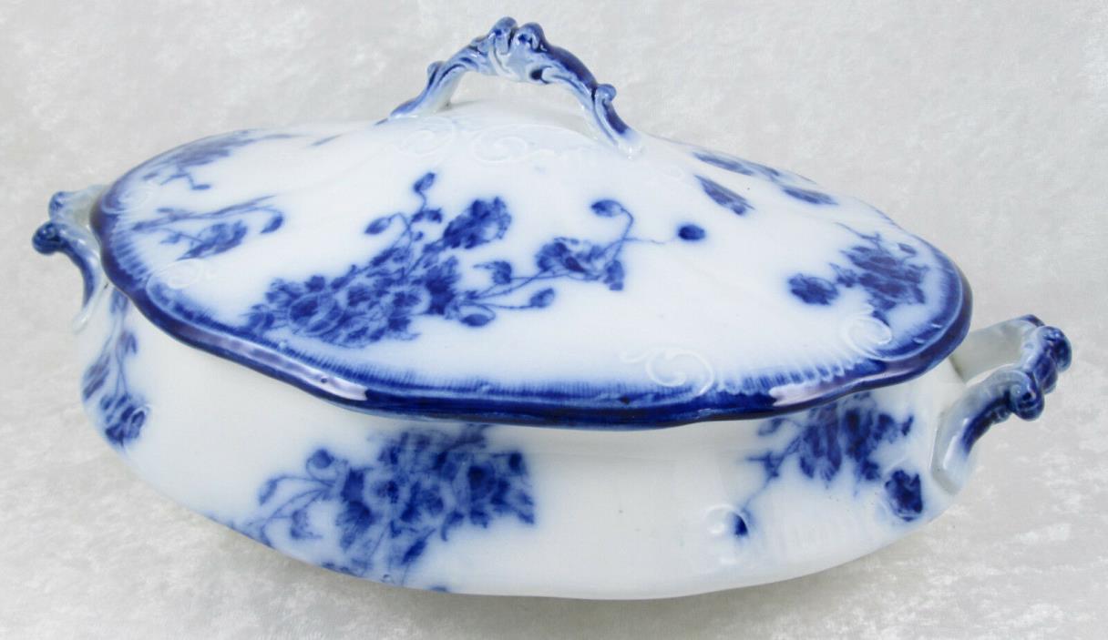 William Grindley Le Pavot Oval Flow Blue Covered Vegetable Dish Embossed 11.5inW