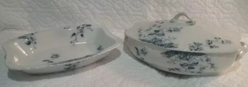 Vintage Duchess W H Grindley England Blue Transfer Ware Covered Dish 3 Piece