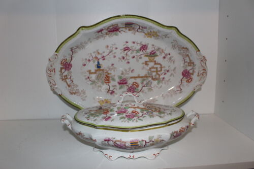ANTIQUE W.H. GRINDLEY HAND PAINTED CHINESE/ASIAN MOTIF PLATTER & SERVING BOWL