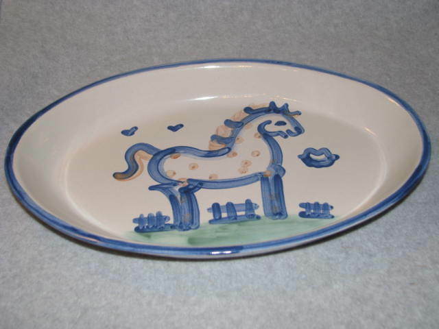 M A Hadley Blue Horse Pottery Stoneware Oval Baking Dish Serving Bowl Platter EC