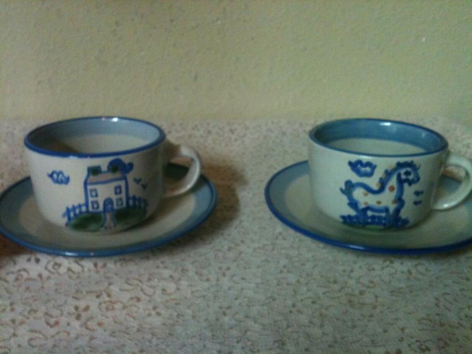 TWO Cups Mug and Saucers M.A. Hadley Country Scene House & Horse The End