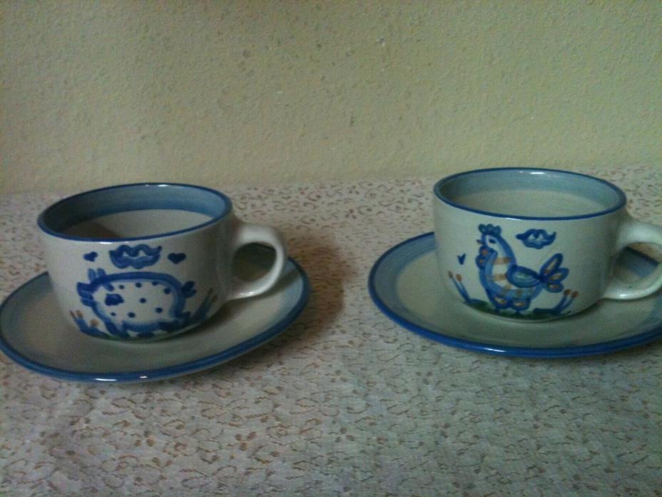 TWO Cups Mug and Saucers M.A. Hadley Country  Scene Pig & Rooster The End