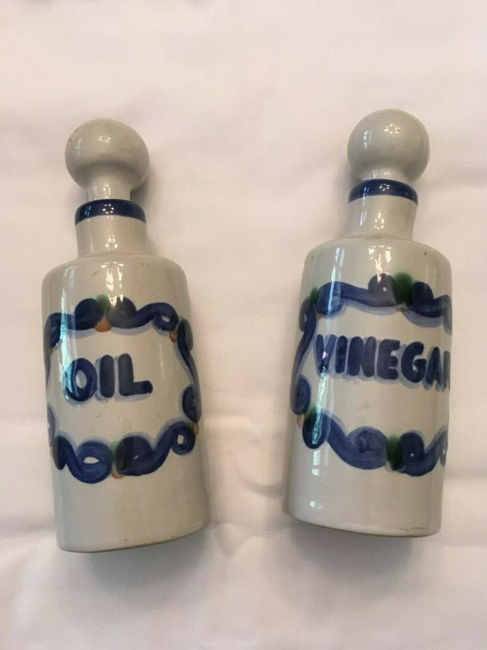 M.A.Hadley Oil &  Vinegar Hand-Painted Country Stoneware Cruet Set Signed