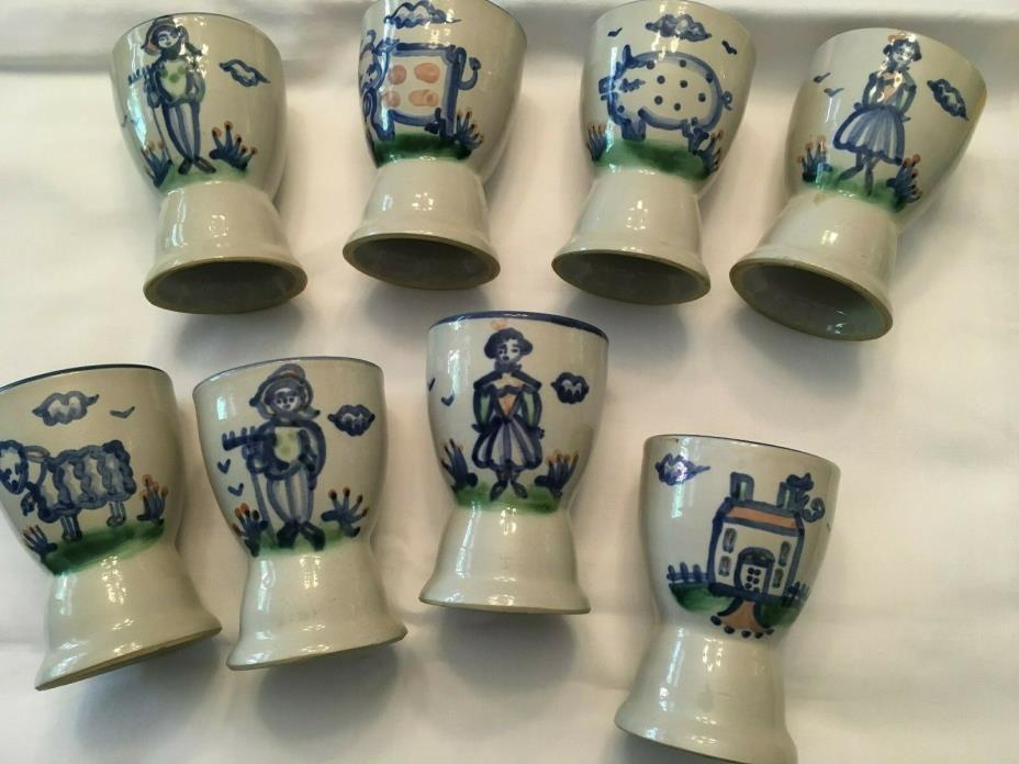 M.A. Hadley  8 Egg Cups Country Farm Animals And Farmers Vintage Blue