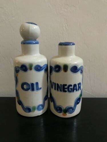 M.A. Hadley COUNTRY SCENE BLUE Oil & Vinegar Bottle Set *AS-IS*