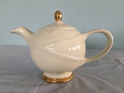 Vintage Hall China MODERNE Teapot Ivory White w Gold Trim Mid Century MCM