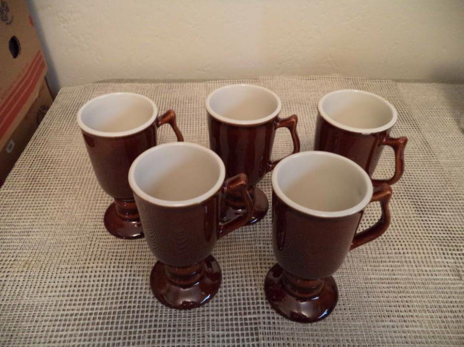 Set of 5 Vtg HALL Ceramic/Pottery IRISH Coffee PEDESTAL MUGS 1272 BROWN & White