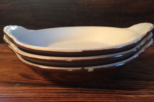 3 Vintage HALL Brown & White Round Au Gratin Dishes Bowls w/ Handles ~EUC~