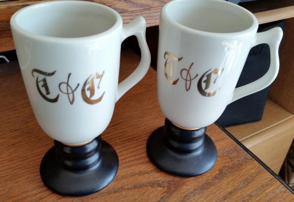 Set of 2 Hall Irish Coffee Mug 1273-White w/Matte Black Pedestal & Gold Monogram