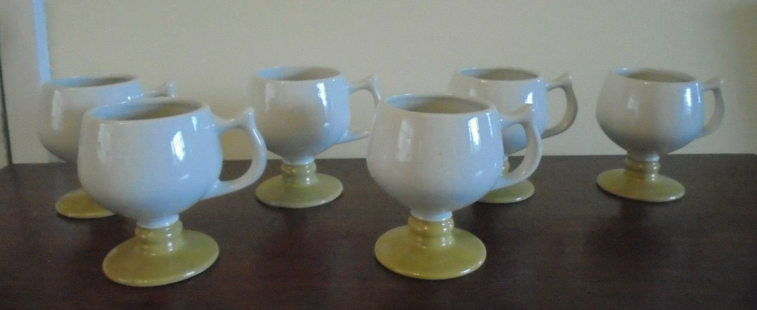Set of 6 VINTAGE HALL WHITE KHAKI FOOTED PEDESTAL COFFEE MUGs CUPs- U.S.A. #2274