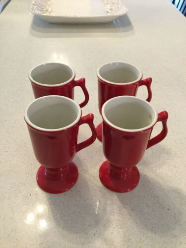 4 RARE RED Vintage Hall Pottery Latte Irish Coffee Footed Mugs