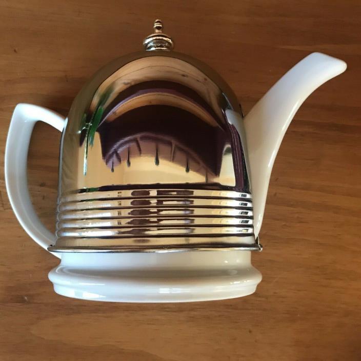VTG.The Hall China Company Teapot w/ Chrome Insulated Cozy Cover Forman Family