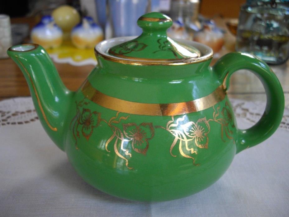 Vintage HALL Green & Gold 2-Cup Tea Pot w/Lid ~