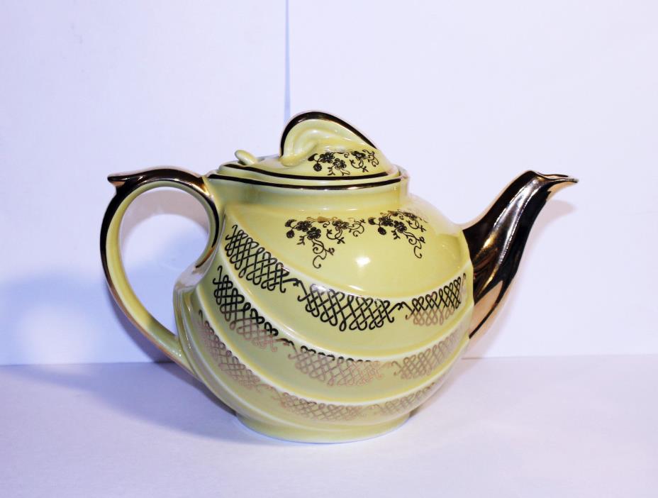 Vintage Hall Pottery Canary Yellow and Gold Teapot, Gilded Tea Pot, Made in USA