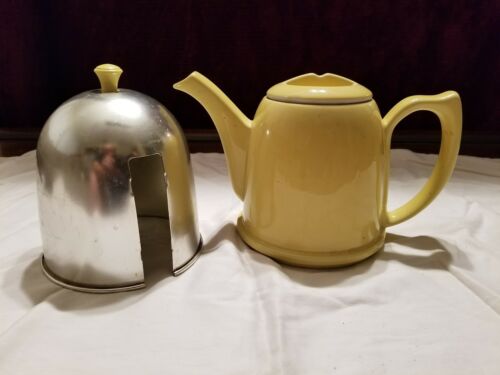 YELLOW TEA POT 6-CUP METAL HEAT SHIELD CERAMIC POTTERY VINTAGE  HALL MADE IN USA