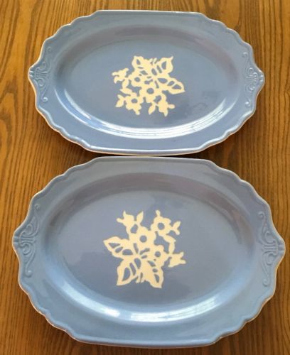 2 Harker Pottery Blue Cameoware Serving Dish Platters 11.75
