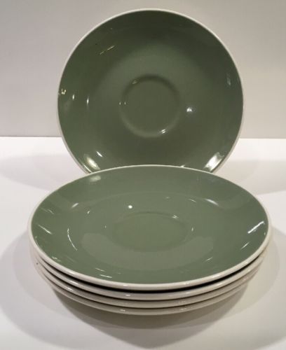 5 Harkerware Ivy Wreath Green Saucers 6.5” With White Edge Vintage Made In USA