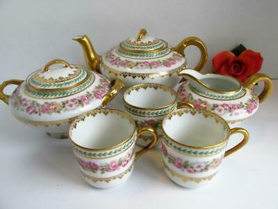 LOT ANTIQUE GDA PORCELAIN 1900 TEAPOT SUGAR CREAM 3 DEMI CUPS HAVILAND KT4565