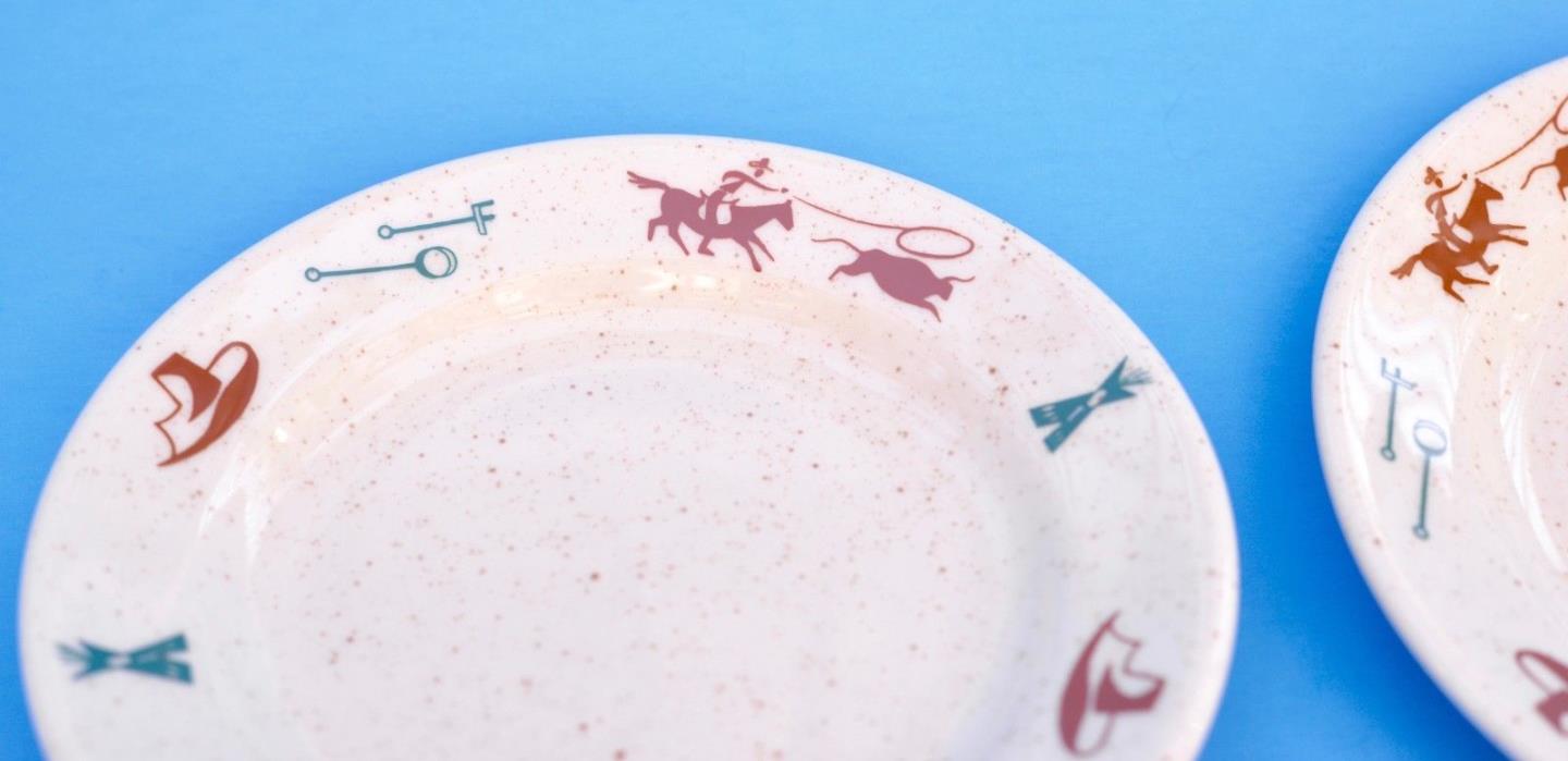 Homer Laughlin Western Theme Cowboy Small Plates (2) Ex Condition USA Made
