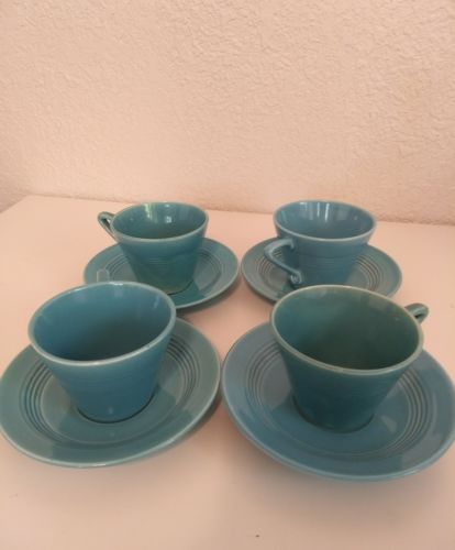 8 pc Set Turquoise Homer Laughlin Harlequin 4 Tea Cups 4 Saucers Vintage Fiesta