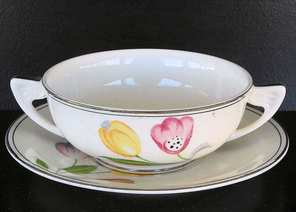 Homer Laughlin WELLS cream soup and liner with TULIPS - Peacock marking