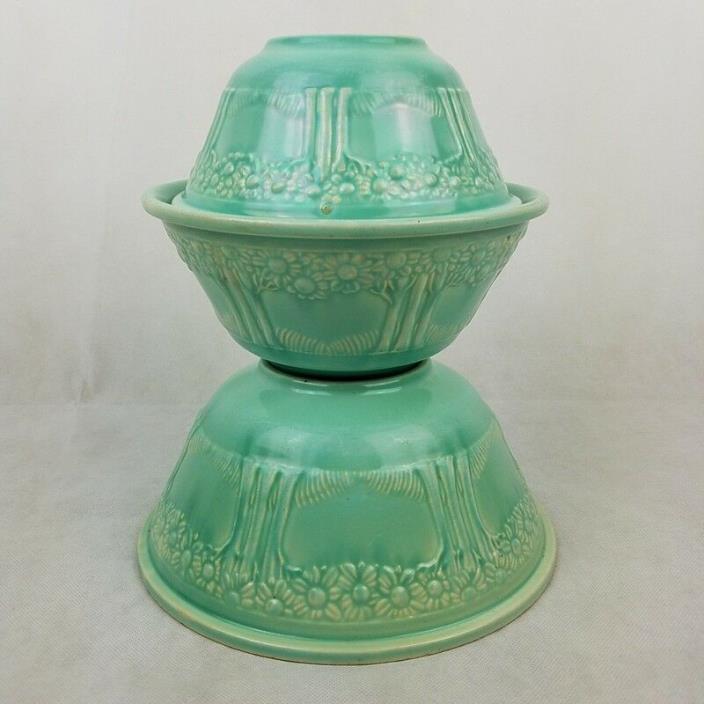 Vintage Homer Laughlin Apple Tree Mixing Bowl Set 3 Pc Green Turquoise 1930's