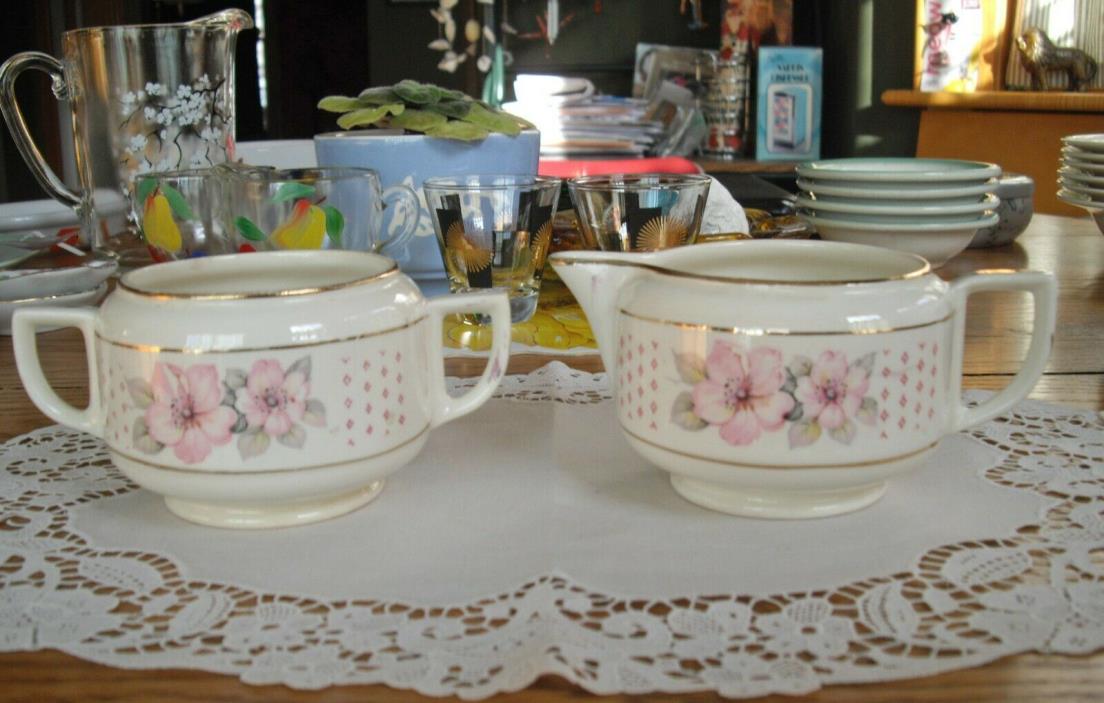 Vintage Homer Laughlin Piccadilly Pink Flower Sugar Bowl & Creamer ~
