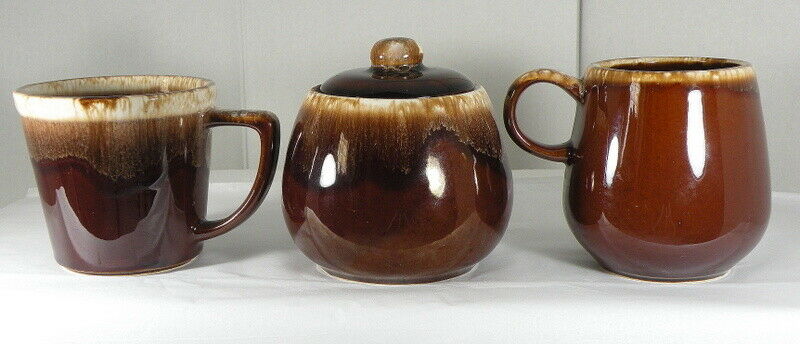 McCoy Pottery Brown Drip Covered Sugar Bowl - 7020 + Round Cup & Cup