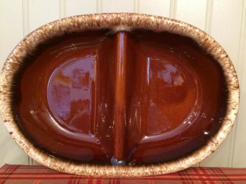 Vintage Hull Pottery 11” Oval Divided Dish Oven Proof In Brown Drip