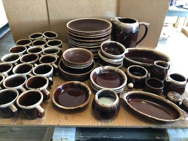 Vintage Hull McCoy & PFALTZGRAFF USA Brown Drip Pottery Dinnerware Set. 64 Lot