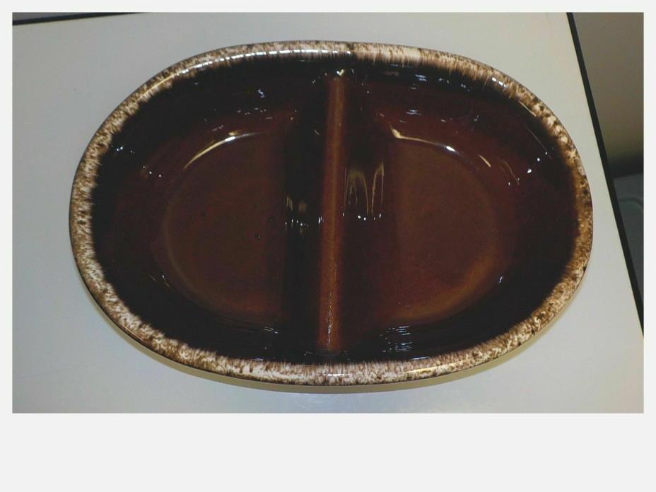 Hull Pottery Divided Dish Vegetable Bowl Brown Drip Glaze USA Ovenproof HP & Co