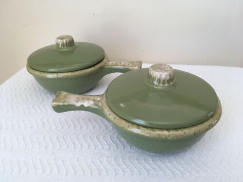 Hull GREEN AVOCADO Drip Glaze Oven Proof Pottery Casserole Dish Lid Handle #H