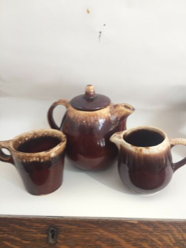 Hull Pottery Brown Drip Tea Pot Creamer & And 1 Cup