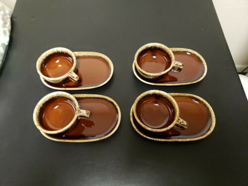 4 Vintage Hull Brown Drip Pottery Sandwich Plate & Soup Chili Bowls Cups Handle