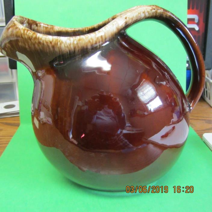 Hull Pottery Ball Pitcher with Ice Lip (Brown Color with Creamy White Edge Trim)